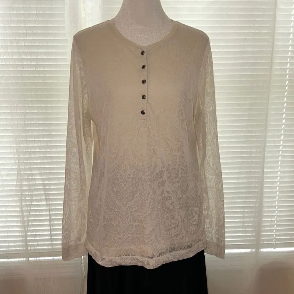 LRL L Champagne Long Sleeve Floral Paisley Cotton Polyester Blend Henley Top